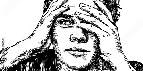 Mysterious portrait of person with glowing eye - vintage hand drawn engraving for design use