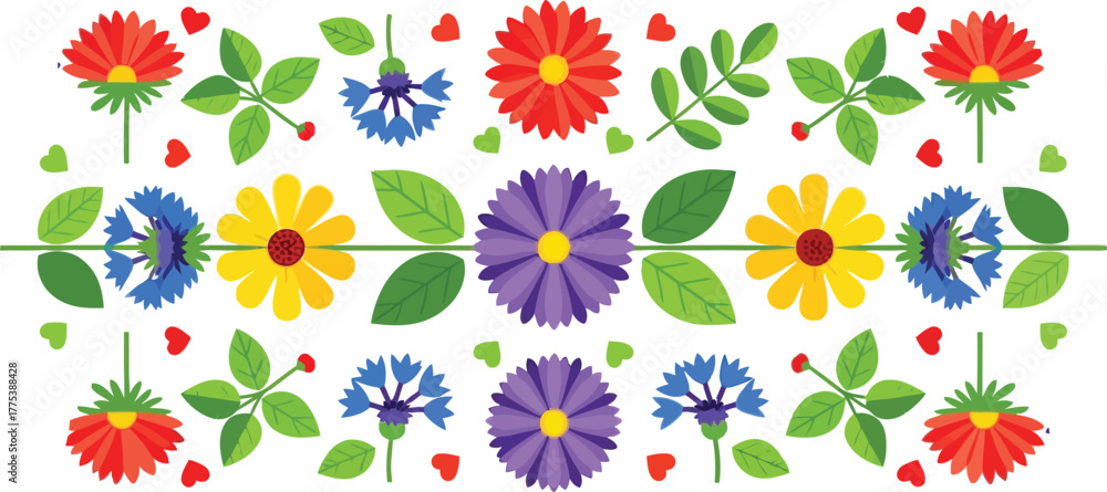 Obraz premium Vibrant folk art floral border with red yellow blue purple flowers and green leaves