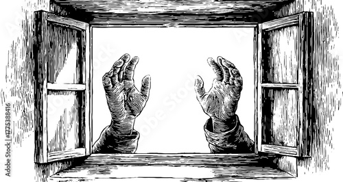 Embrace the light: metaphor of opportunity through an open window in vintage engraving