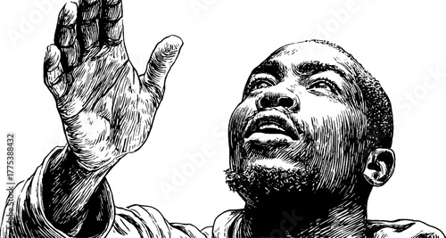 Vintage hand drawn engraving of person reaching upward in retro style