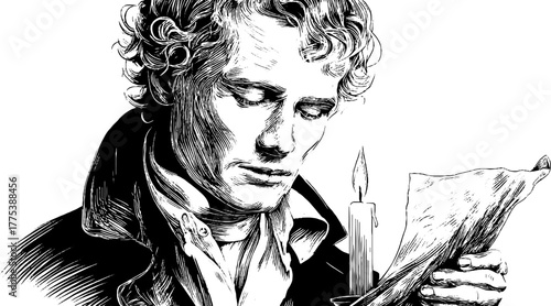 Vintage engraving of person reading by candlelight - intimate night scene for retro design