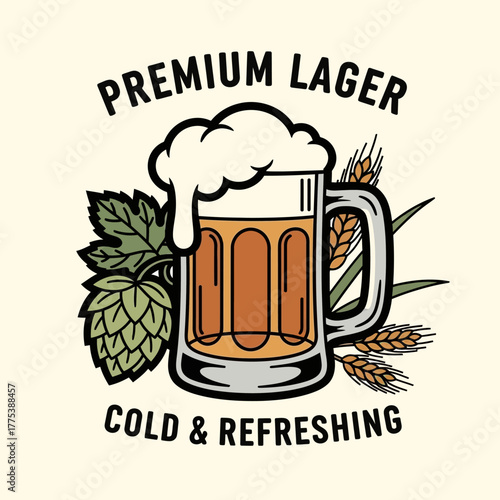 A frothy mug of premium lager beer with hops and barley, emphasizing its cold and refreshing qualities.