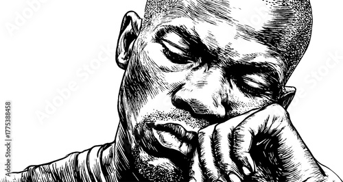 Pensive mood in vintage engraving style: thoughtful expression concept art