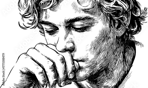 Thoughtful expression of person resting chin on hand in vintage engraving style