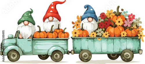 Whimsical gnomes driving a vintage truck filled with autumn pumpkins and colorful flowers