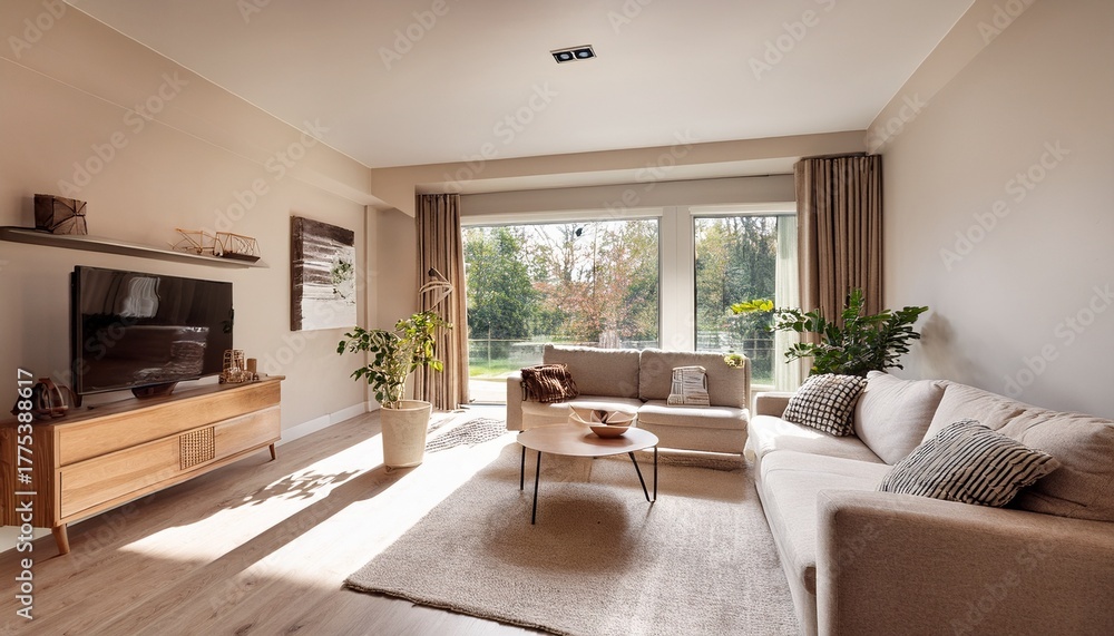Fototapeta premium cozy living room with natural light and modern decor creating a warm atmosphere in a suburban home