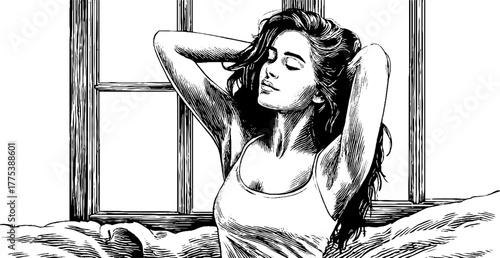 Morning stretch by window with sunlight - vintage hand drawn engraving for relaxation and interior design