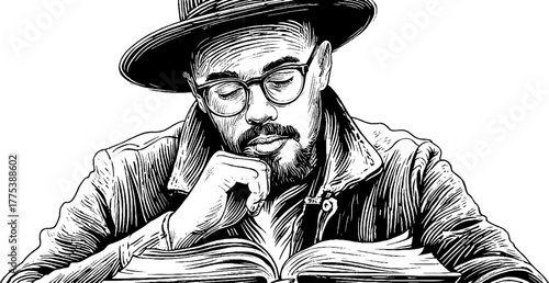 Contemplative moment: person reading a book with soft shadow - vintage engraving design for posters