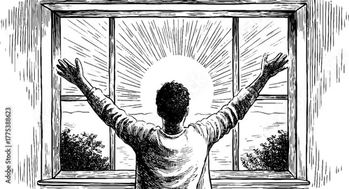 Morning stretch by window with sunlight in vintage engraving design for posters