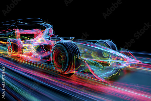 Dynamic formula race car speeding with vibrant light trails showing the blur of motion, showcasing high speed and cutting edge automotive technology