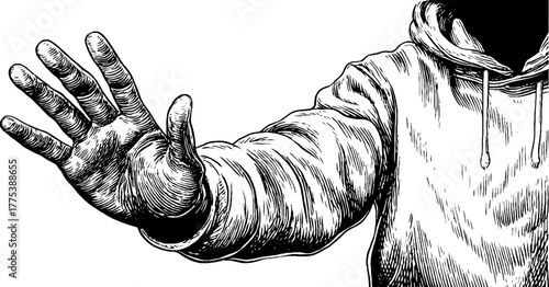 Vintage engraving of person refusing extended hand gesture for retro design
