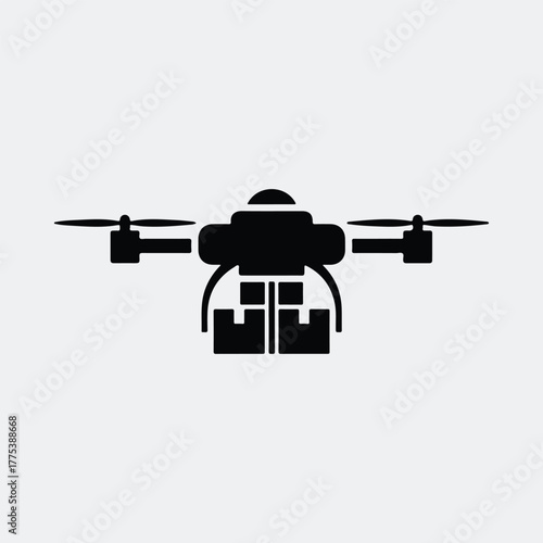 Silhouette drone delivering package concept modern black and white Vector illustration