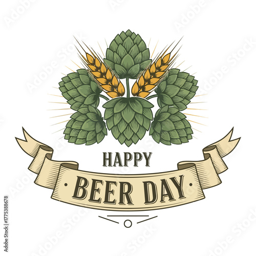 Vintage illustration celebrating Happy Beer Day, featuring hops, wheat, and a banner.