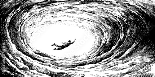 Engraving depicting a person trapped in endless digital data stream