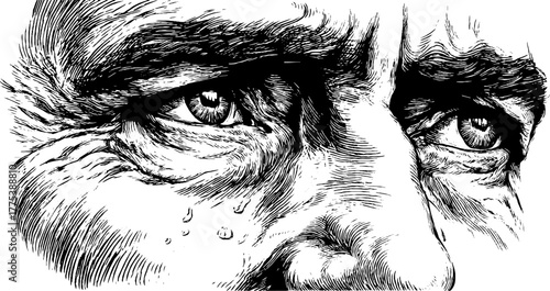 Contemplative expression engraving with downcast eyes and furrowed brow for artistic design