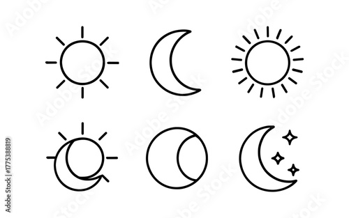 Minimalist outline of sun and moon icons for day and night themes