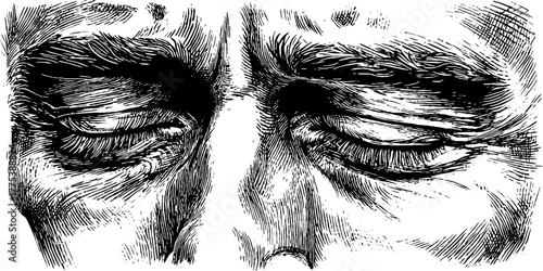 Emotional depiction of a person with downcast eyes and furrowed brow in vintage engraving style