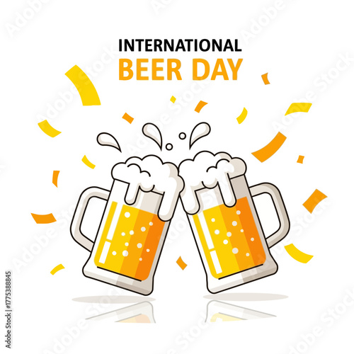 Two cartoon beer mugs clinking in a toast to celebrate International Beer Day with confetti.