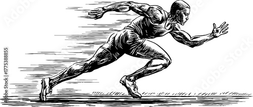 Dynamic runner mid stride captured in vintage engraving style for sports design