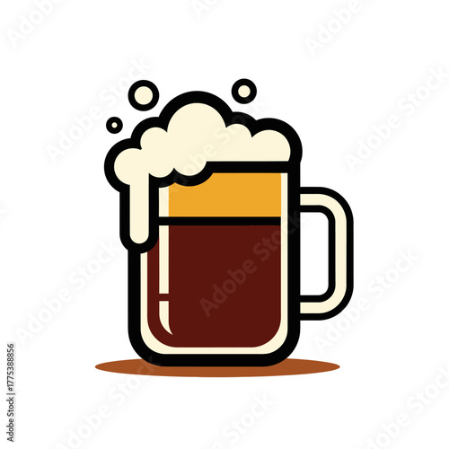 A stylized illustration of a dark beer with a thick foamy head overflowing from a glass mug.