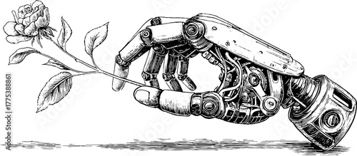 Robotic hand holding fragile flower in vintage style for design and art projects