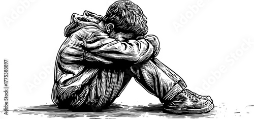 Vintage engraving of seated figure embracing knees in contemplation