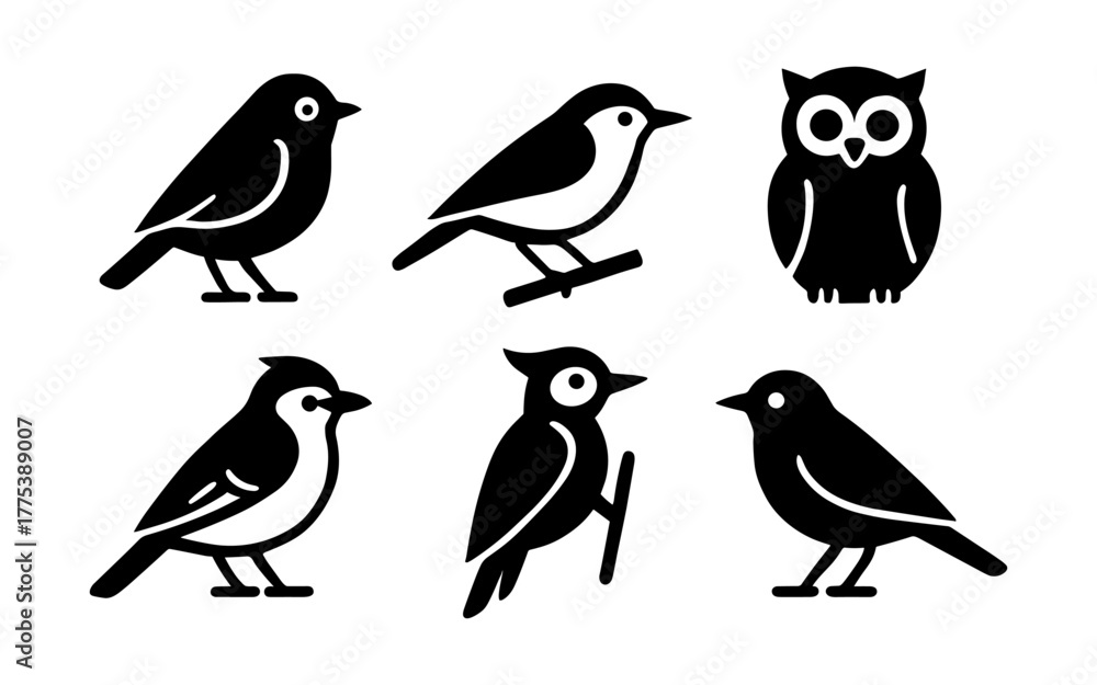 Obraz premium Silhouette bird icons featuring owl, sparrow, and woodpecker variations