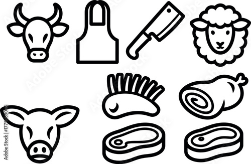 Butcher shop icons assortment featuring animals cuts and kitchen equipment