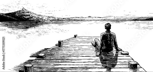 Tranquil reflection: silhouette sitting on pier by calm water for meditation or relaxation themes