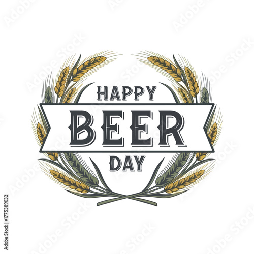 Vintage-style illustration celebrating Happy Beer Day with wheat and banner elements.