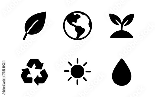 Eco icons set featuring leaf, earth, seedling, recycle, sun, and water drop