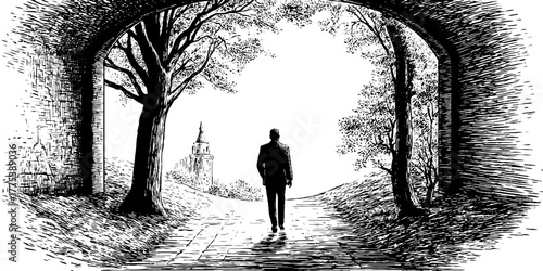 Silhouette of a person walking through a light-filled archway with trees in a scenic landscape