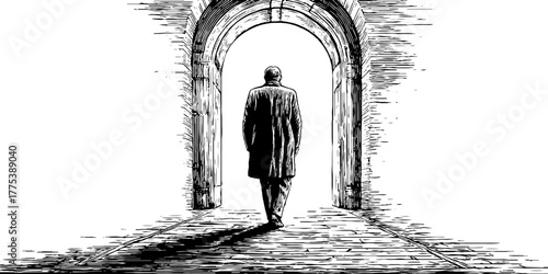 Silhouette walking through archway of light - vintage engraving design for posters
