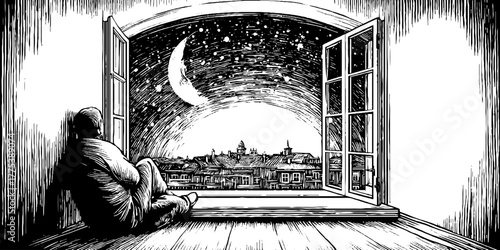 Tranquil night contemplation silhouette by the window under starry sky