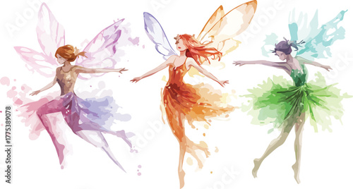 Three whimsical watercolor fairies with colorful translucent wings and tutus dancing joyfully