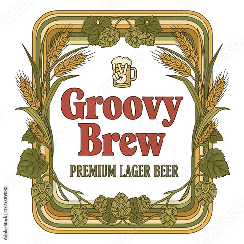 Groovy Brew Premium Lager Beer label with wheat and hops.