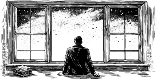 Enchanting night sky viewing through window silhouette - vintage engraving design for posters