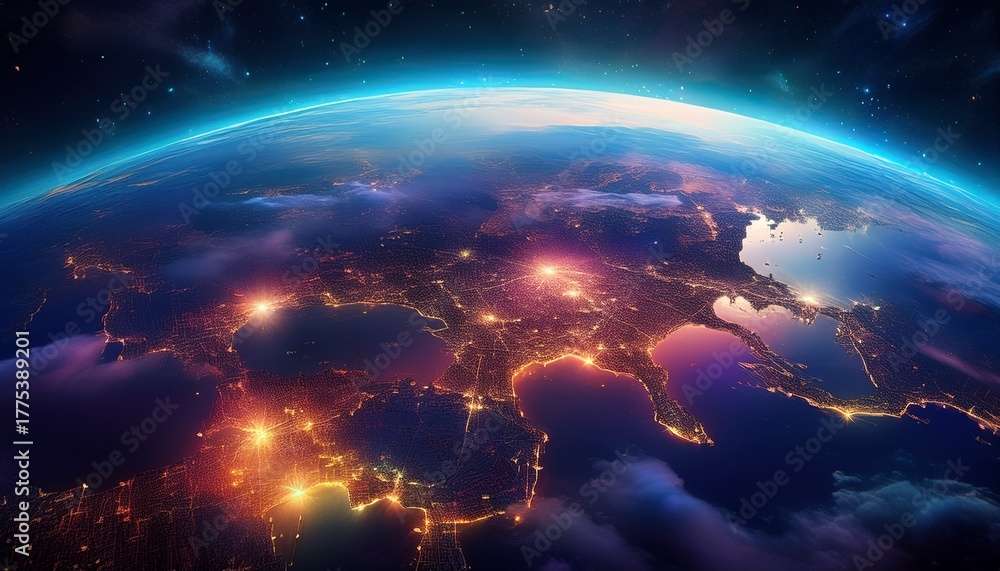 Fototapeta premium panoramic view on planet earth globe from space glowing city lights light clouds generative ai