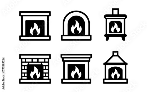 Minimalist fireplace icons set featuring various hearth designs