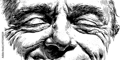 Vintage engraving of smiling face with soft eyes and natural wrinkles
