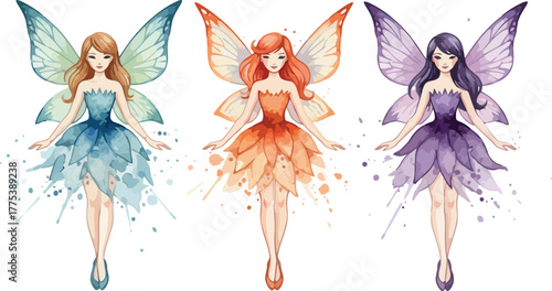 Three beautiful watercolor fairies with colorful iridescent wings in a row on white background
