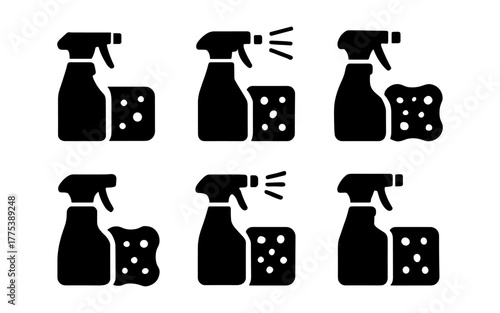 Silhouette spray bottle and sponge icons for cleaning