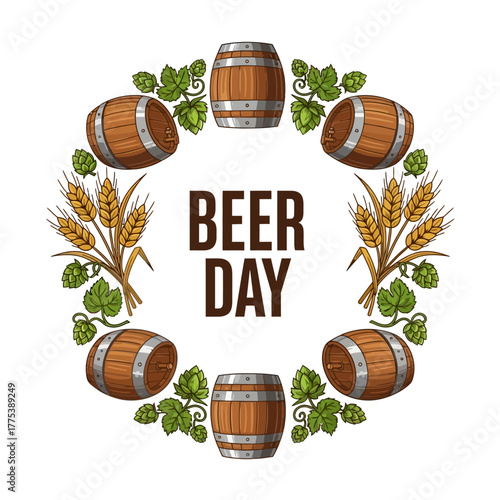 A circular arrangement of beer barrels, hops, and wheat stalks surrounding the text "BEER DAY".