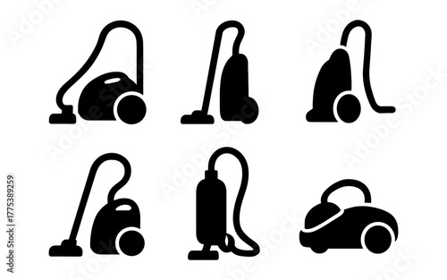 Silhouette icons of various vacuum cleaners in different styles