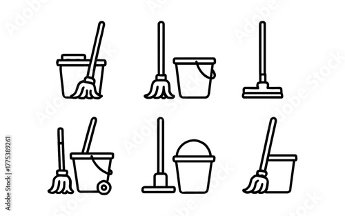 Minimalist cleaning tools set with mop and bucket icons in line art style