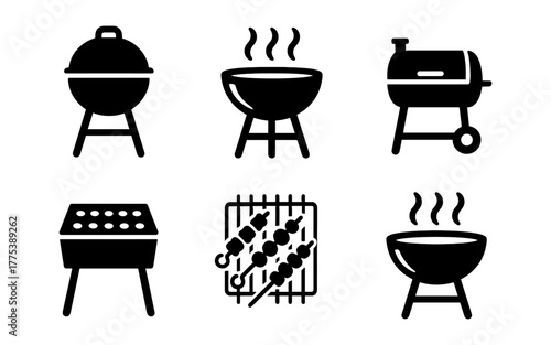Silhouette icons of barbecue grills and skewers for outdoor cooking concepts