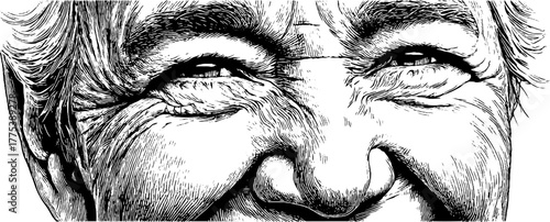 Vintage smiling face with soft eyes and natural wrinkles engraving for retro design