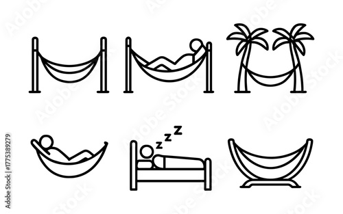 Minimalist icons of people relaxing in hammocks and sleeping in beds