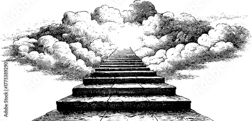 Surreal engraving of stairs leading into cloud void in minimal style