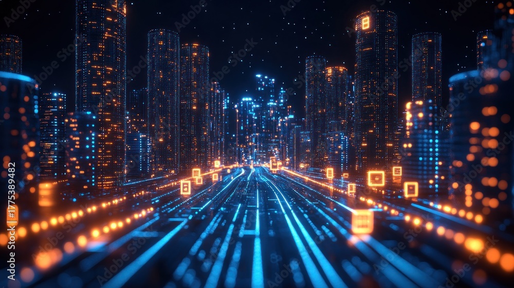 Fototapeta premium Futuristic city glowing with digital lines